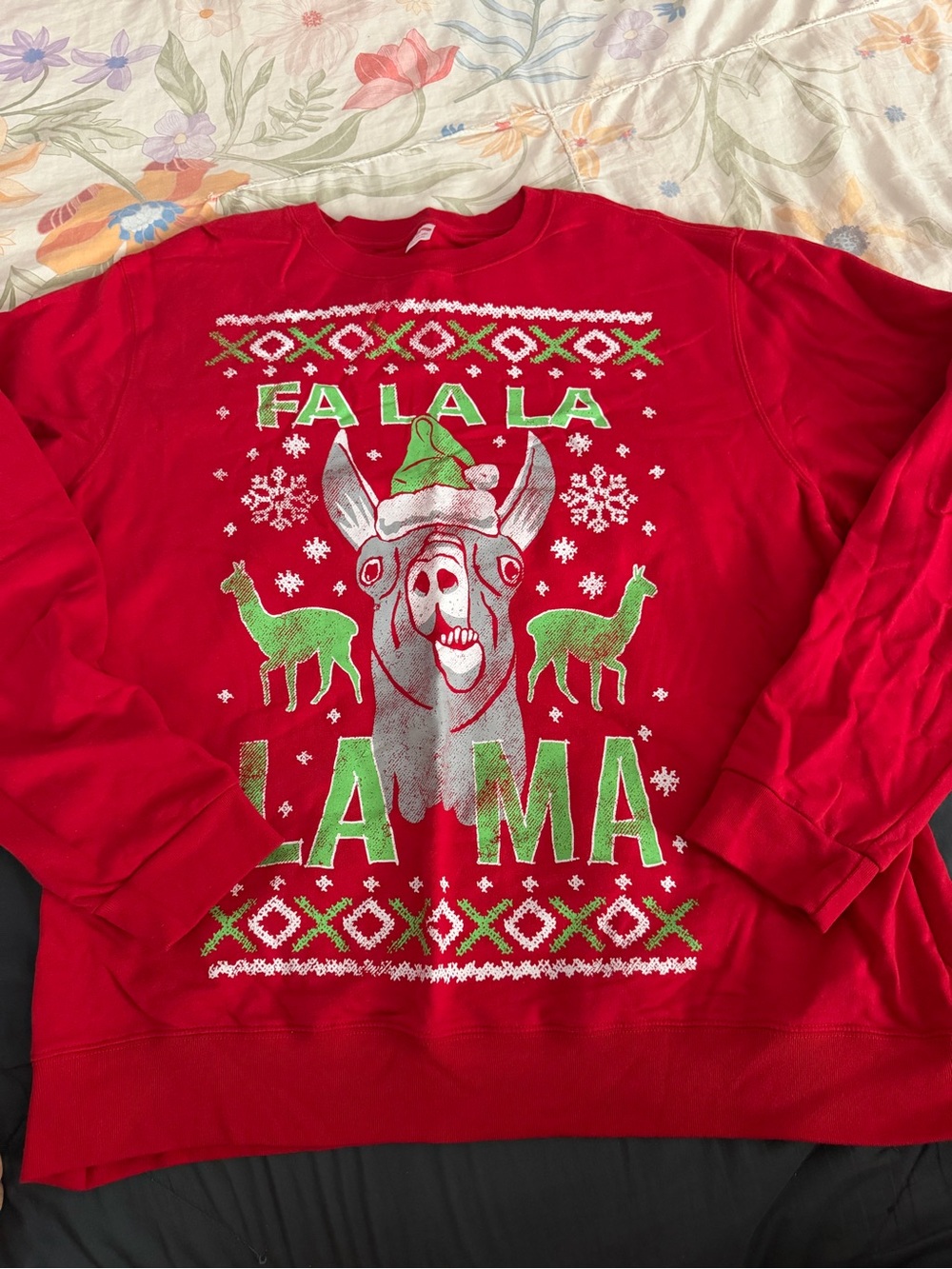 Holiday Time Red Crewneck Sweater with Green & White Llama Print